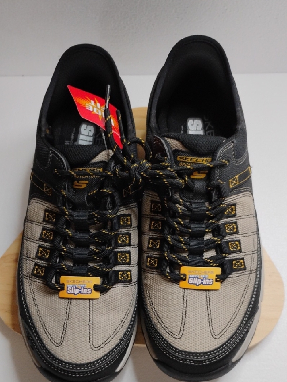 Skechers Men's Slip-Ins Sneakers in Beige and Black with Yellow Accents